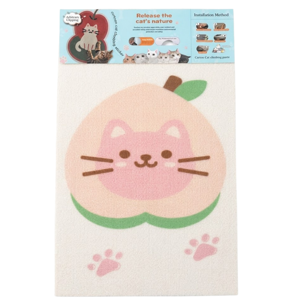 Cat-shaped peach with a pink face on a white background