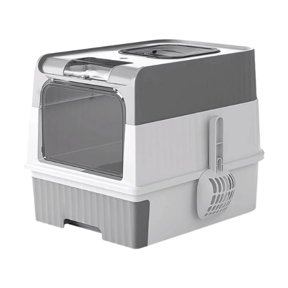 Pet litter box with transparent front panel on a white background