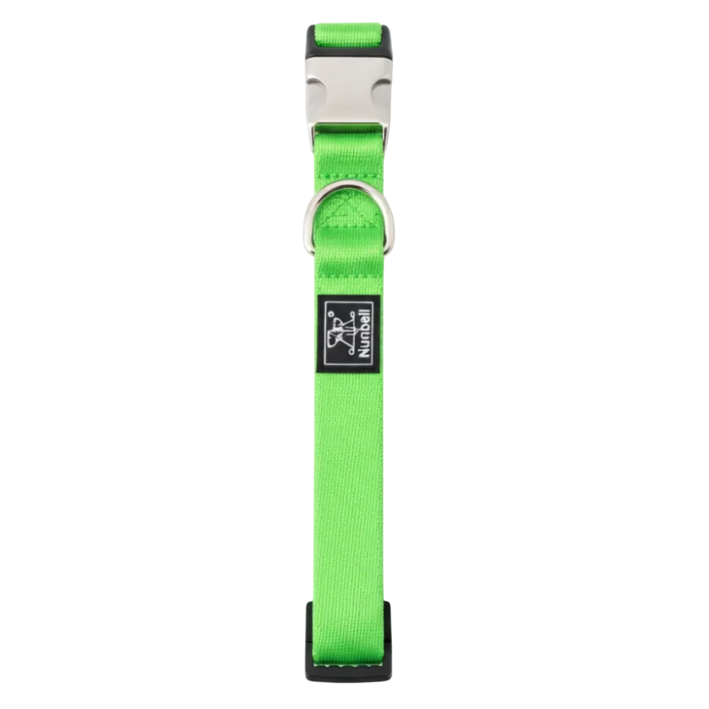 Green dog collar with a brand logo on a white background