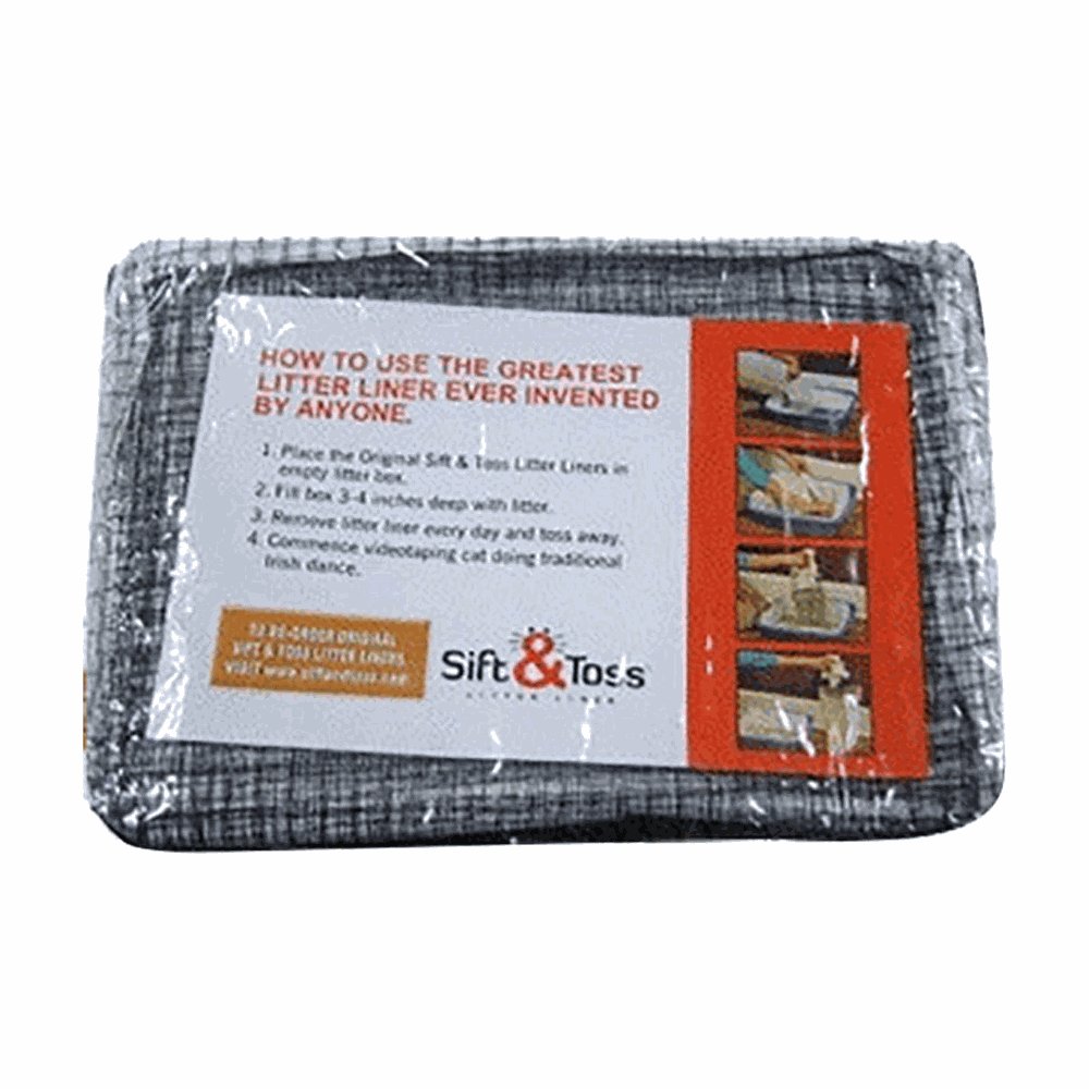 Packaged litter liner with instructions and branding on a white background