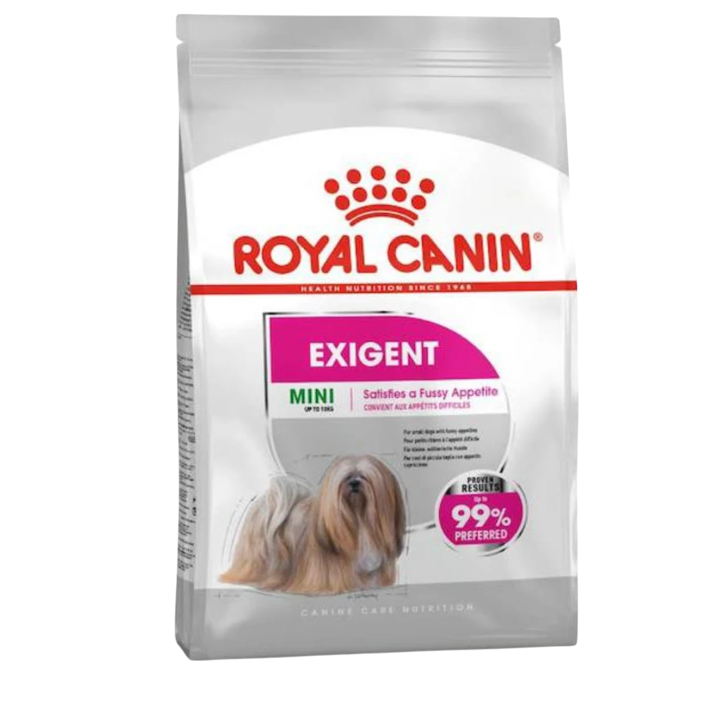 Royal Canin Exigent Mini dog food package on a white background