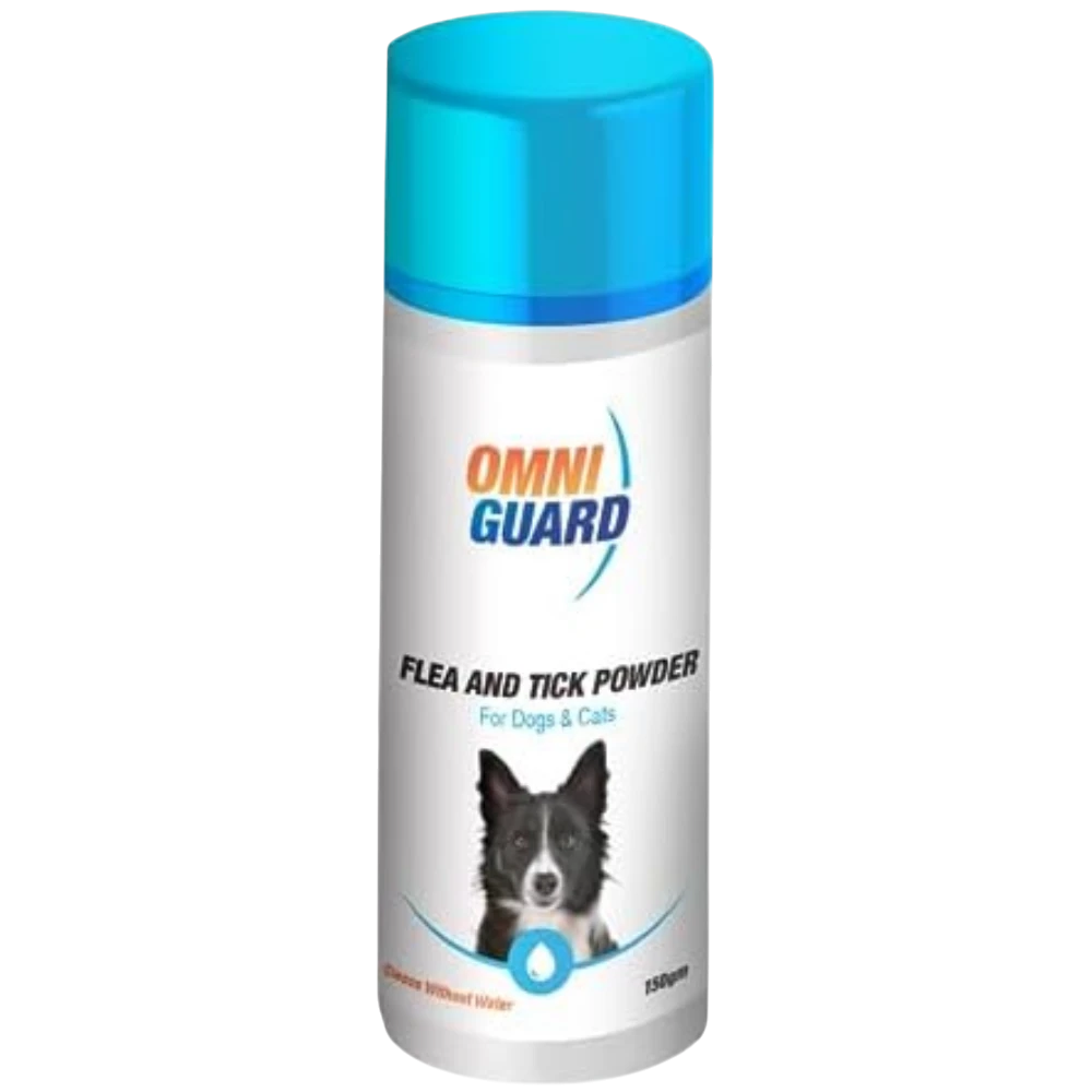 Omni Guard flea and tick powder for dogs and cats with a blue container.