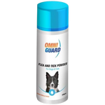Omni Guard flea and tick powder for dogs and cats with a blue container.