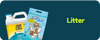 Two cat litter products, a jug and a bag, on a dark blue background with 'Litter' text.