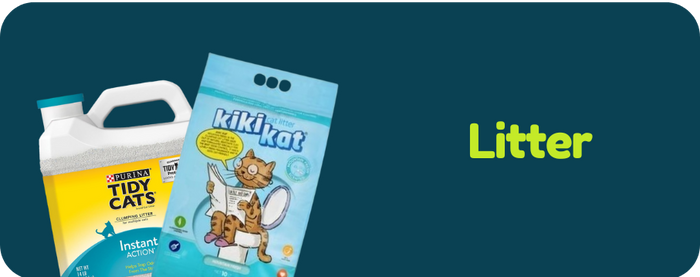 Two cat litter products, a jug and a bag, on a dark blue background with 'Litter' text.