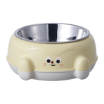 Beige pet bowl with cartoon face design on a white background