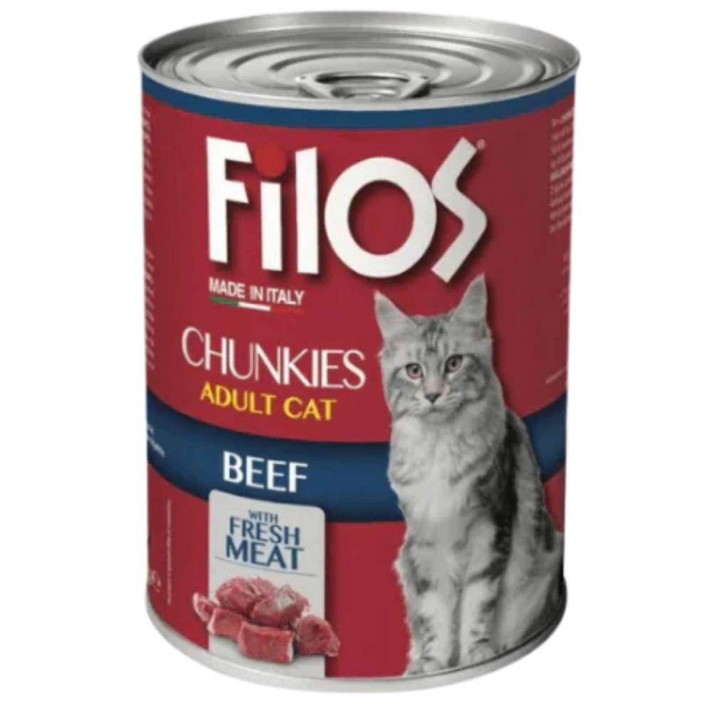 Can of Filos Chunkies Adult Cat Food with a cat on the label