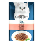Purina Gourmet Perle cat food package with a white cat on a blue background