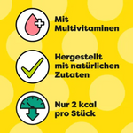 Product information with icons and text on a yellow background