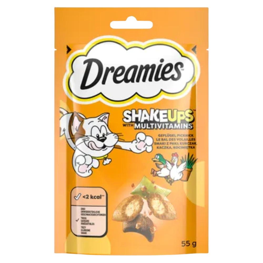 Dreamies Shake Ups with Multivitamins cat treat package on a white background