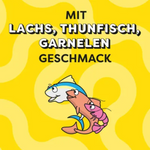 Cartoon shrimp and fish with text on a yellow background