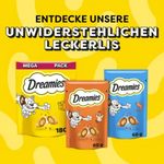 Three Dreamies cat food packages on a yellow background with text in German.