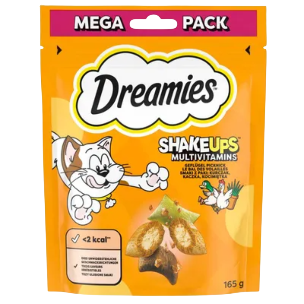 Dreamies ShakeUps Multivitamins packaging for cats with cartoon cat and duck illustration on orange background