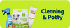 Dog training products including a spray bottle, training pads, and a tube of Omni Guard Urine Off on a green background with text 'Cleaning & Potty'.
