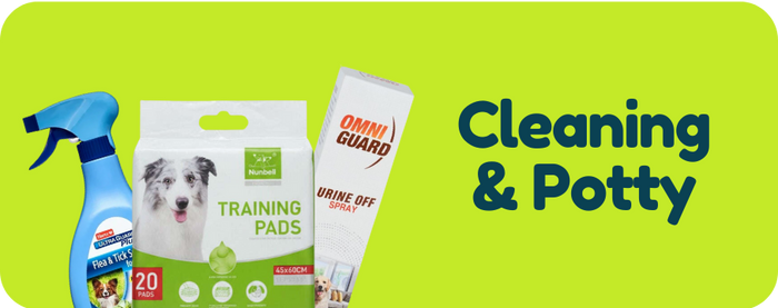 Dog training products including a spray bottle, training pads, and a tube of Omni Guard Urine Off on a green background with text 'Cleaning & Potty'.