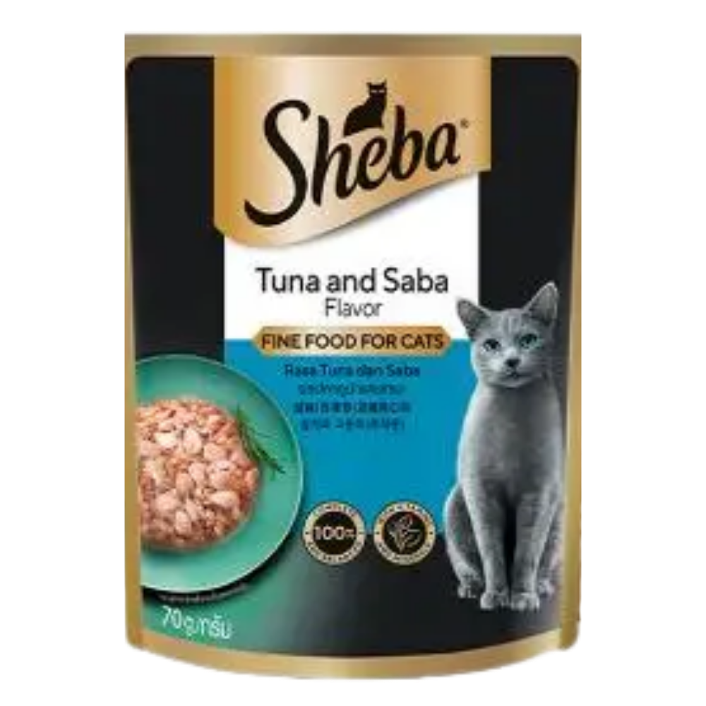 Sheba Tuna & Saba cat food pouches with packaging on a white background
