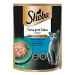 Sheba Tuna & Saba cat food pouches with packaging on a white background