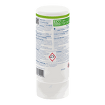 White cylindrical container with a label on a white background