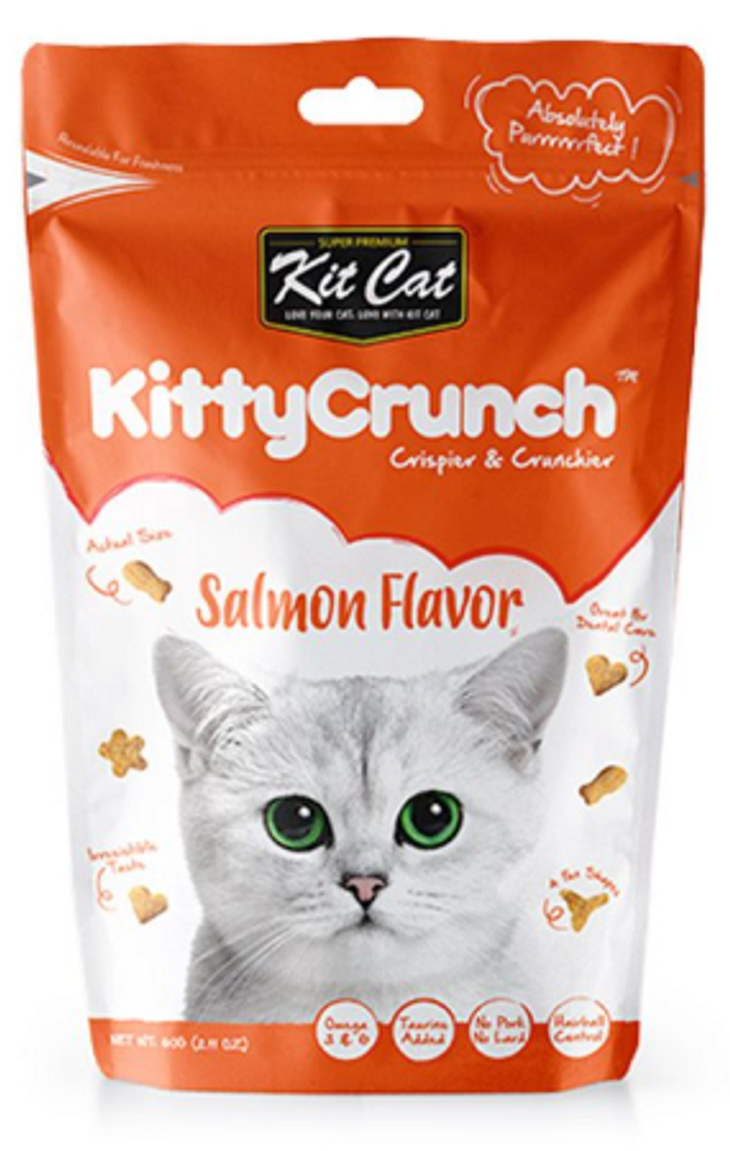 Kitty Crunch salmon flavor cat treat package with a cat's face on the front.