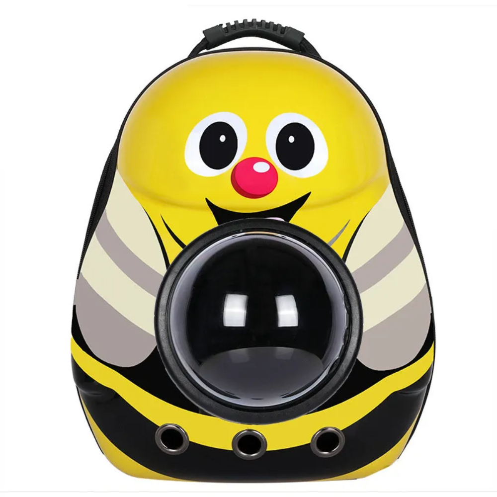 Pet carrier shaped like a bee with a yellow face and black stripes on a white background