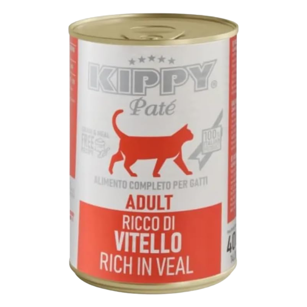 Kippy cat food can with red and white label