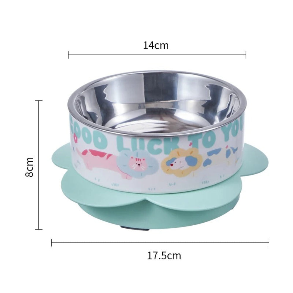 Stainless steel pet bowl with cartoon design and measurements on a white background