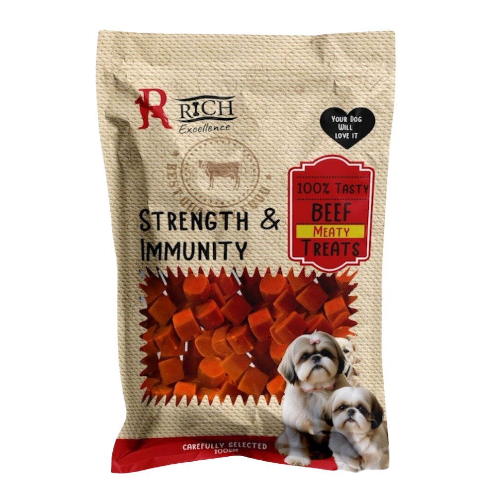 Dog treat package with beef treats and two dogs on a beige background