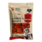 Dog treat package with beef treats and two dogs on a beige background