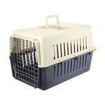 Pet carrier with beige top and black bottom on a white background