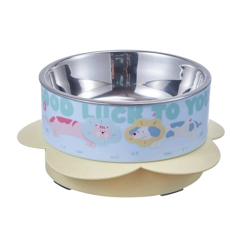 Pet bowl with cartoon design and text on a white background