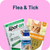 Flea and tick treatment products including 'Spot on', 'Advocate', and 'Frontline' on a pink background with text 'Flea & Tick'.