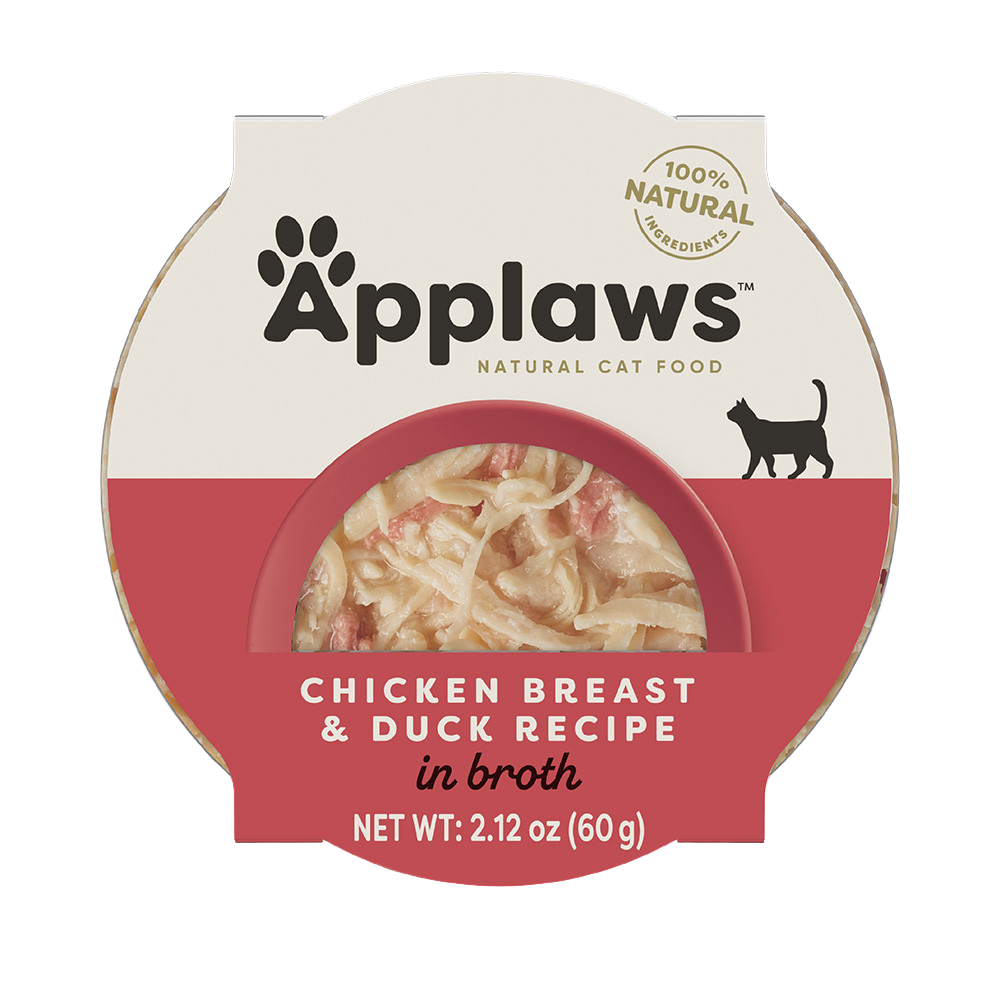 Applaws natural cat food container with chicken breast and duck recipe on a white background