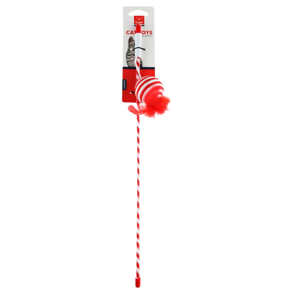 Cat toy with red and white striped pole and fluffy top on a white background
