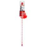 Cat toy with red and white striped pole and fluffy top on a white background