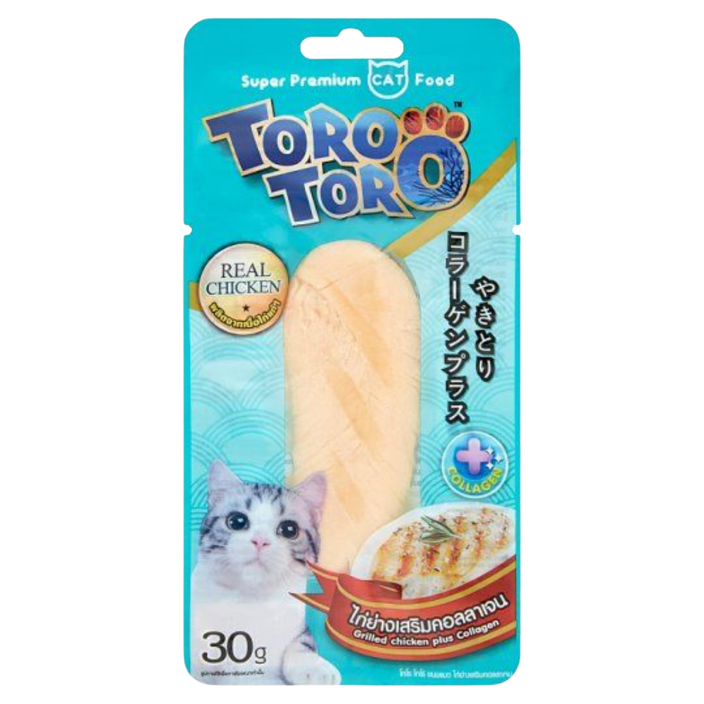 Tororo Toro cat food package with a chicken strip on a white background