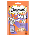 Dreamies cat treat mix packaging with cartoon cat and orange background
