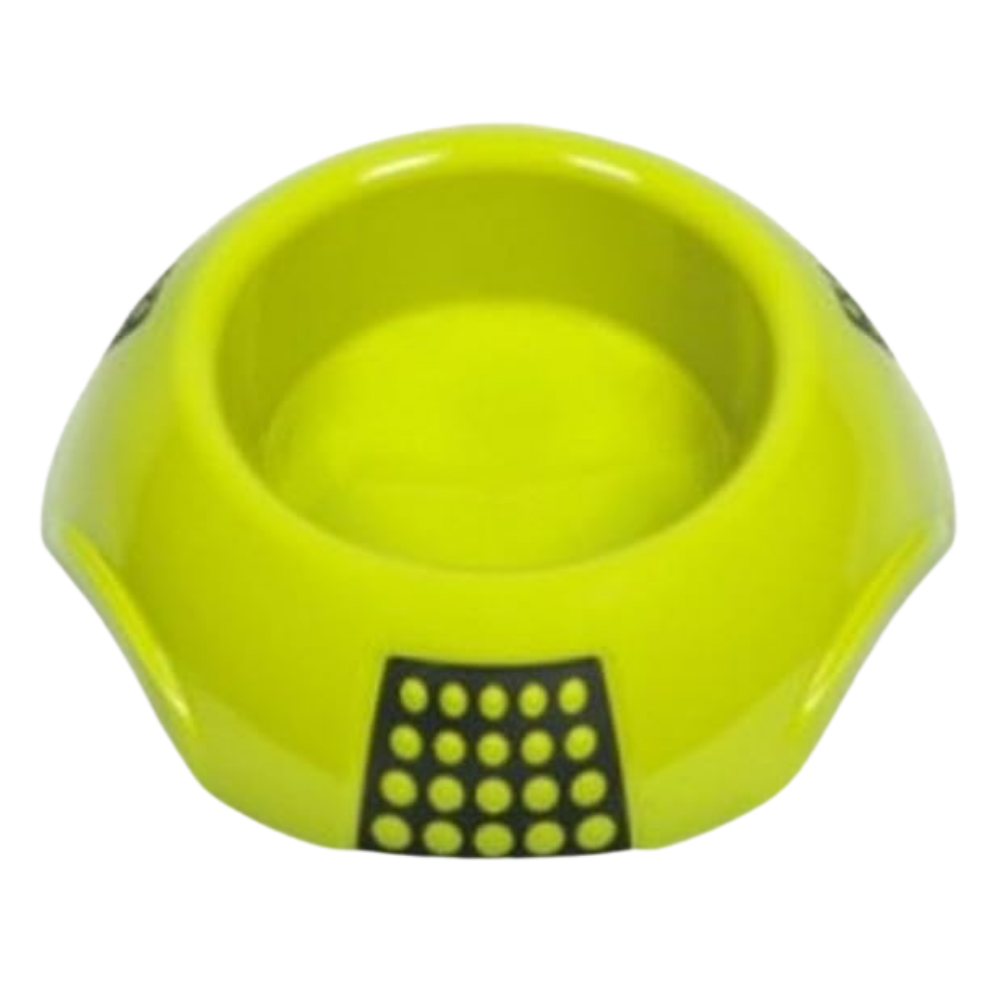 Green pet bowl with black pattern on a white background