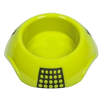 Green pet bowl with black pattern on a white background