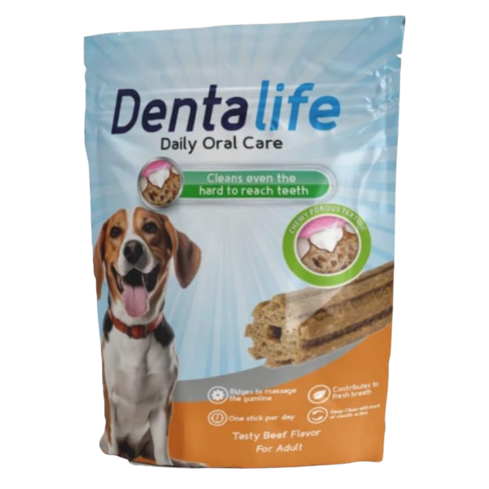 Dentalife daily oral care product packaging with a dog on the front