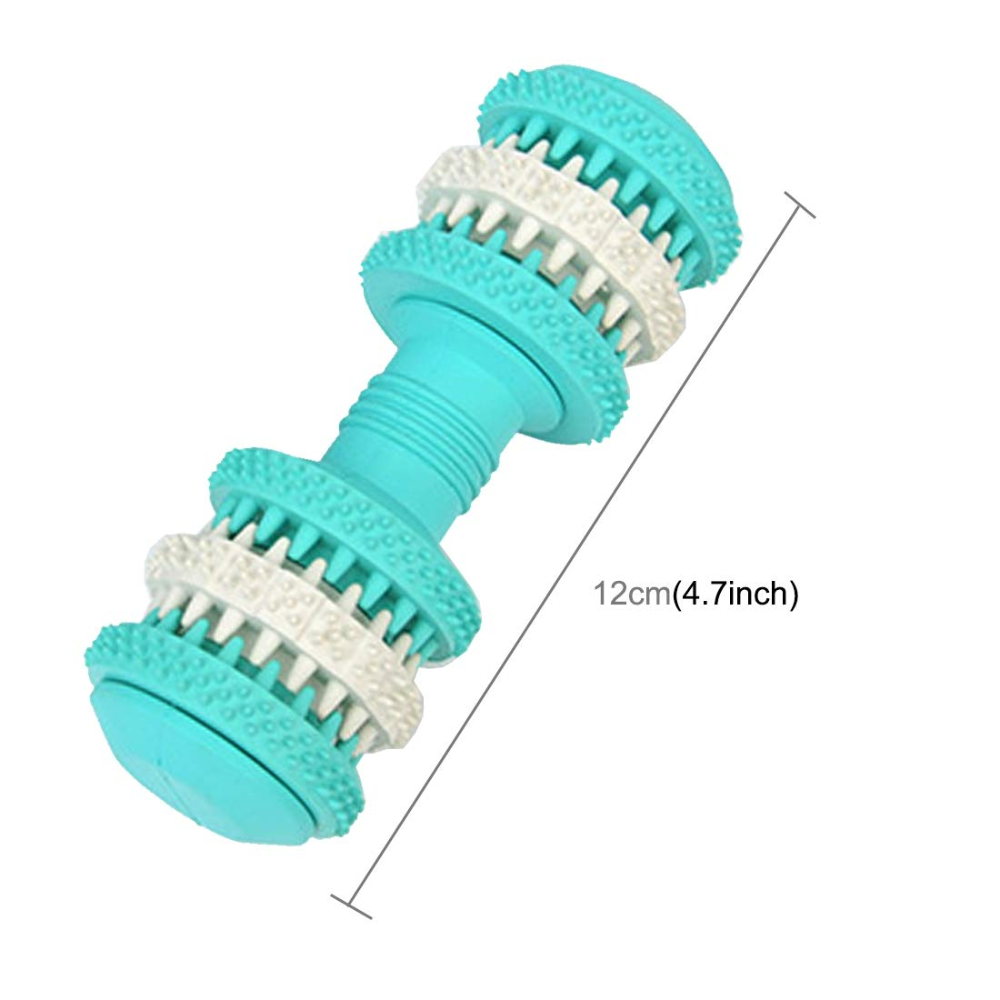Teal and white dog toy with measurement details on a white background