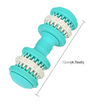 Teal and white dog toy with measurement details on a white background
