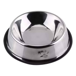 Stainless steel pet bowl with black base on a white background