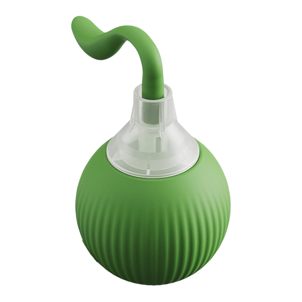 Green and clear ball with a curved handle on a white background