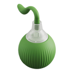 Green and clear ball with a curved handle on a white background