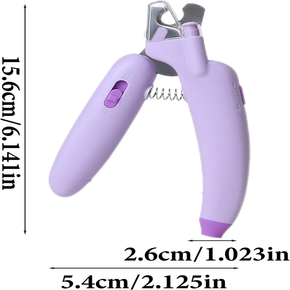 Purple pet nail clipper with measurements on a white background