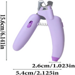 Purple pet nail clipper with measurements on a white background