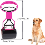 Pink and black dog waste picker with measurements and a sitting dog on a white background