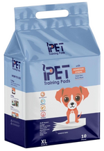 Package of iPet training pads with a cartoon dog illustration on a white background