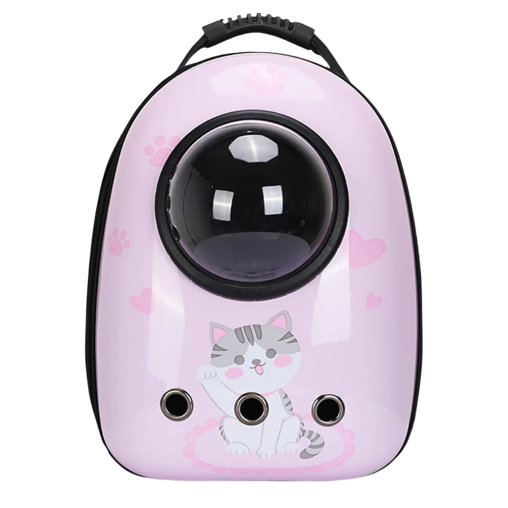 Pink pet carrier with a cat design on a white background