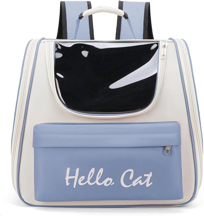 Pet carrier with a cat reflection on a white background, labeled 'Hello Cat'.